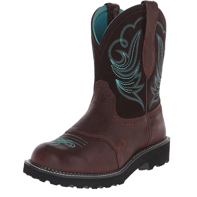 Unisex PU Leather Western Embroidered Mid-Calf Round Toe Low Heel Western Cowboy Boots - CB038