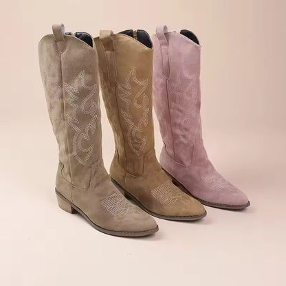 Women's PU Leather Western Embroidered Knee-High Pointed Toe Block Heel Cowgirl Boots - CB023