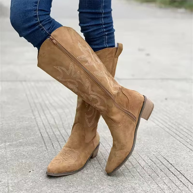 Women's PU Leather Western Embroidered Knee-High Pointed Toe Block Heel Cowgirl Boots - CB023