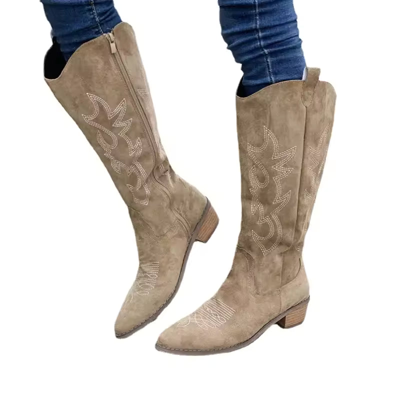 Women's PU Leather Western Embroidered Knee-High Pointed Toe Block Heel Cowgirl Boots - CB023
