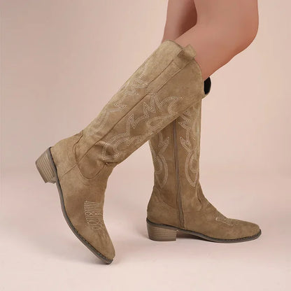 Women's PU Leather Western Embroidered Knee-High Pointed Toe Block Heel Cowgirl Boots - CB023