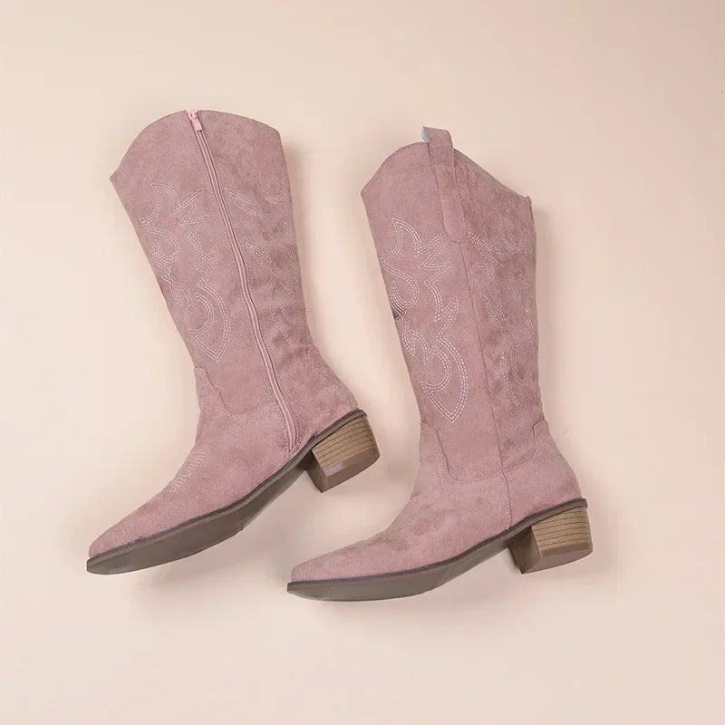 Women's PU Leather Western Embroidered Knee-High Pointed Toe Block Heel Cowgirl Boots - CB023