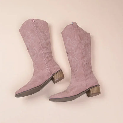 Women's PU Leather Western Embroidered Knee-High Pointed Toe Block Heel Cowgirl Boots - CB023