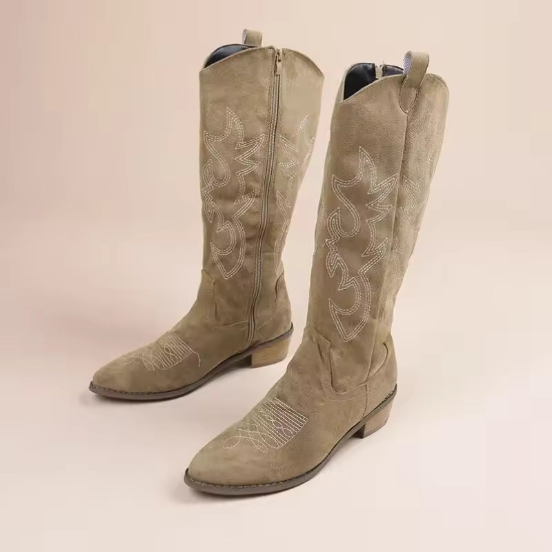 Women's PU Leather Western Embroidered Knee-High Pointed Toe Block Heel Cowgirl Boots - CB023