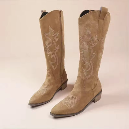 Women's PU Leather Western Embroidered Knee-High Pointed Toe Block Heel Cowgirl Boots - CB023