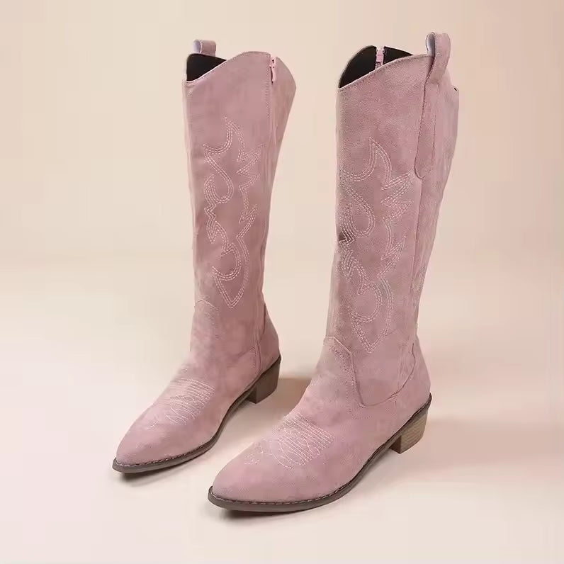 Women's PU Leather Western Embroidered Knee-High Pointed Toe Block Heel Cowgirl Boots - CB023