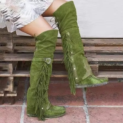 Women's Suede-Look Tassel Knee-High Pointed Toe Low Heel Cowgirl Boots - CB028