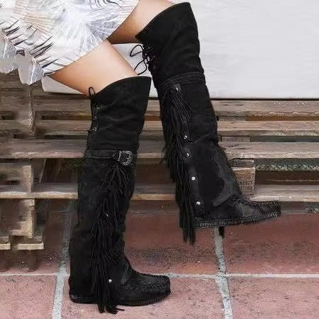 Women's Suede-Look Tassel Knee-High Pointed Toe Low Heel Cowgirl Boots - CB028