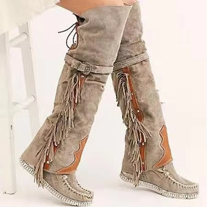 Women's Suede-Look Tassel Knee-High Pointed Toe Low Heel Cowgirl Boots - CB028