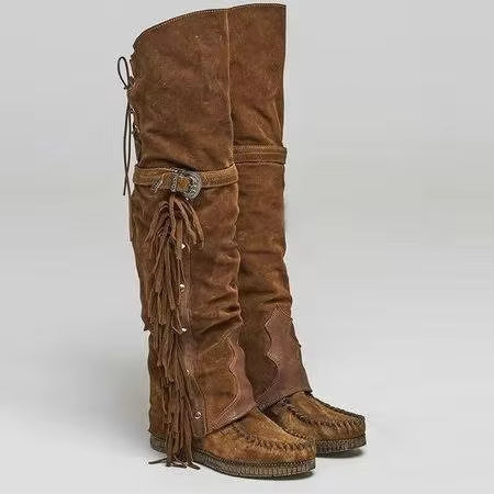 Women's Suede-Look Tassel Knee-High Pointed Toe Low Heel Cowgirl Boots - CB028