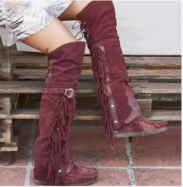 Women's Suede-Look Tassel Knee-High Pointed Toe Low Heel Cowgirl Boots - CB028