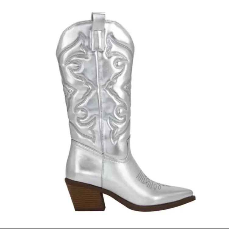 Women's PU Leather Western Embroidered Mid-Calf Pointed Toe Block Heel Cowgirl Boots - CB047