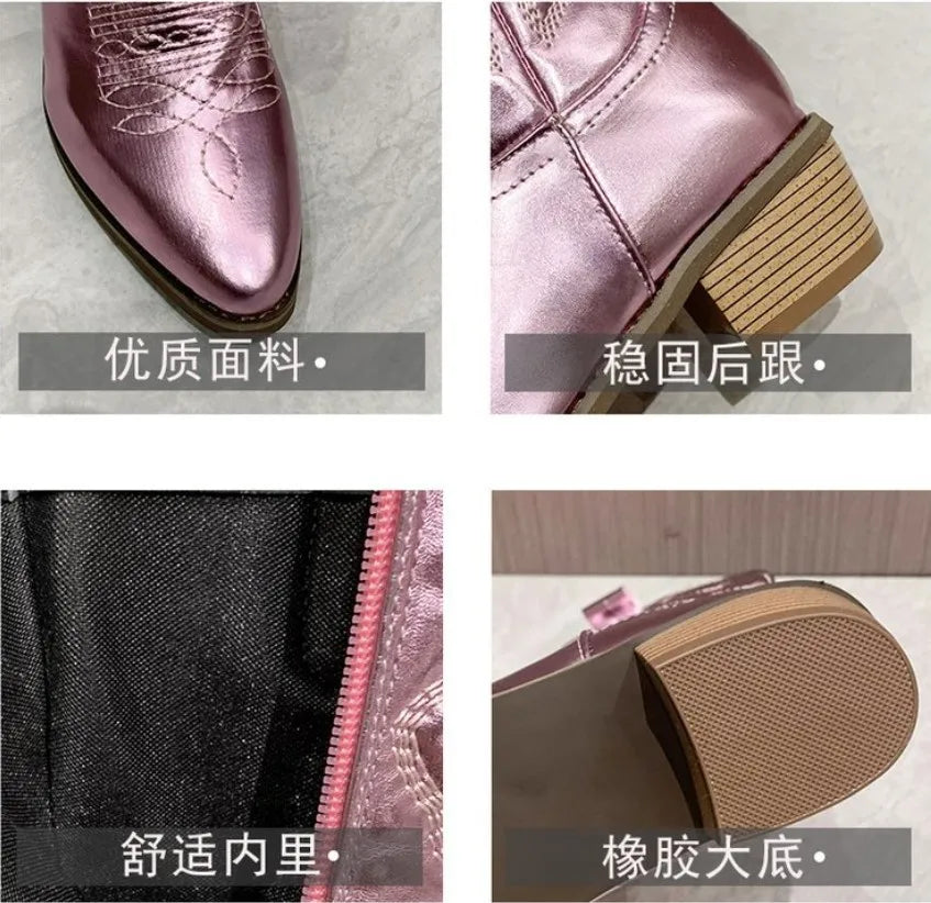Women's PU Leather Western Embroidered Mid-Calf Pointed Toe Block Heel Cowgirl Boots - CB047