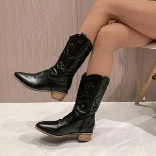 Women's PU Leather Western Embroidered Mid-Calf Pointed Toe Block Heel Cowgirl Boots - CB047
