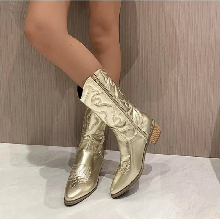 Women's PU Leather Western Embroidered Mid-Calf Pointed Toe Block Heel Cowgirl Boots - CB047
