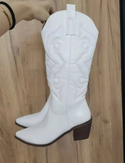 Women's PU Leather Western Embroidered Mid-Calf Pointed Toe Block Heel Cowgirl Boots - CB047