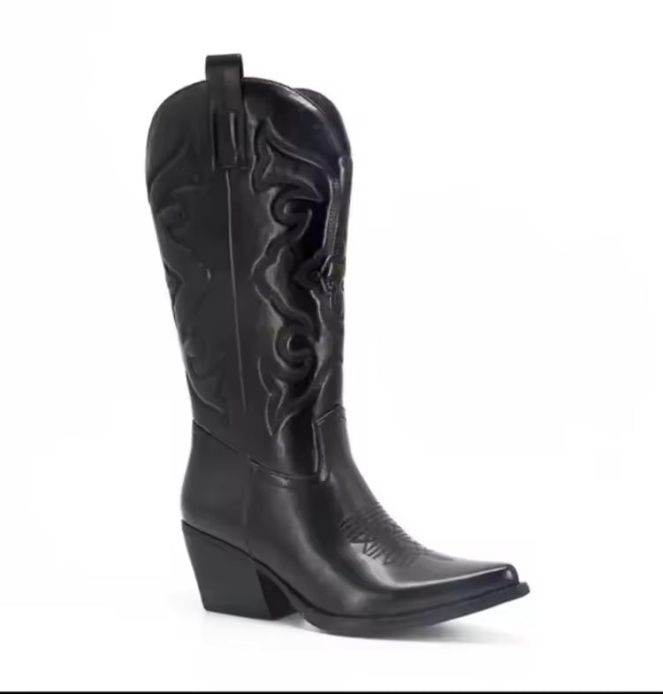 Women's PU Leather Western Embroidered Mid-Calf Pointed Toe Block Heel Cowgirl Boots - CB047