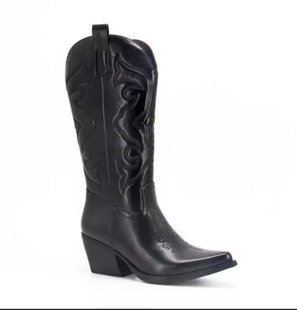 Women's PU Leather Western Embroidered Mid-Calf Pointed Toe Block Heel Cowgirl Boots - CB047