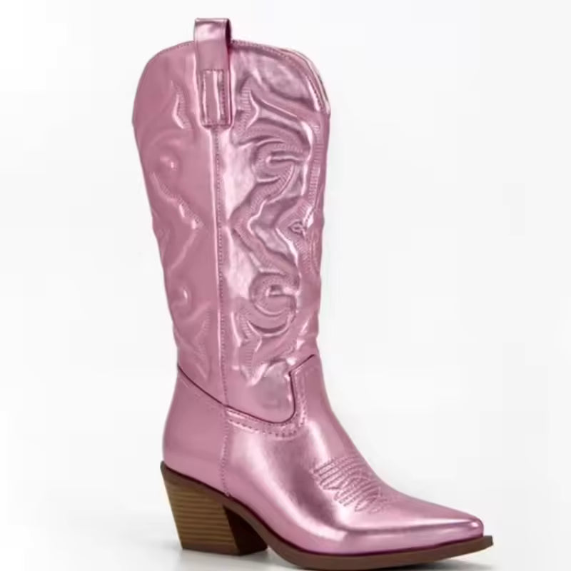 Women's PU Leather Western Embroidered Mid-Calf Pointed Toe Block Heel Cowgirl Boots - CB047