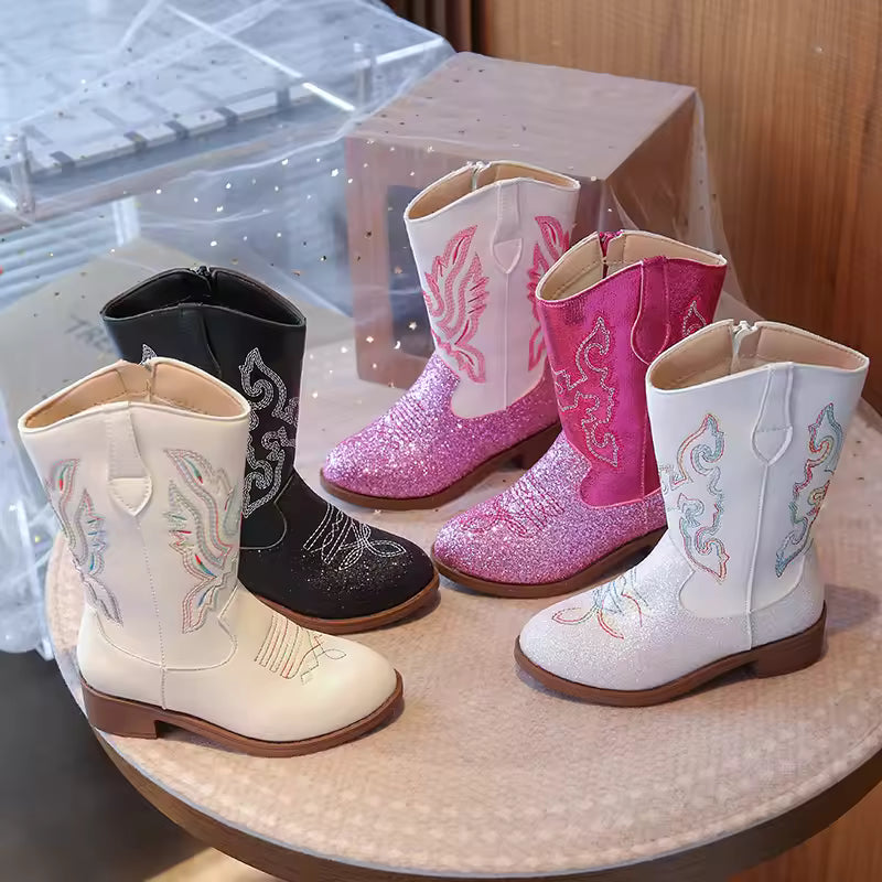 Girls' PU Leather Glitter Mid-Calf Round Toe Cowgirl Boots - CB071
