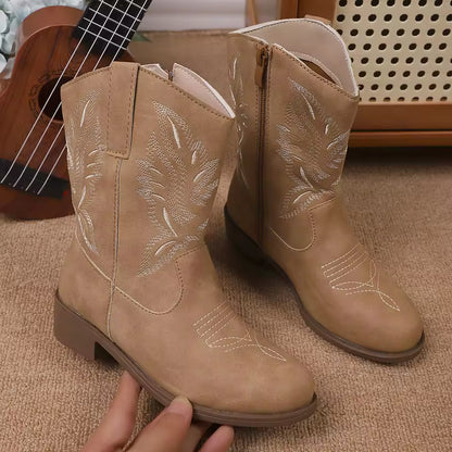 Girls' PU Leather Glitter Mid-Calf Round Toe Cowgirl Boots - CB071