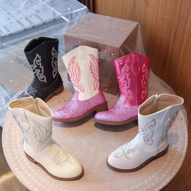 Girls' PU Leather Glitter Mid-Calf Round Toe Cowgirl Boots - CB071