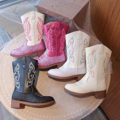 Girls' PU Leather Glitter Mid-Calf Round Toe Cowgirl Boots - CB071