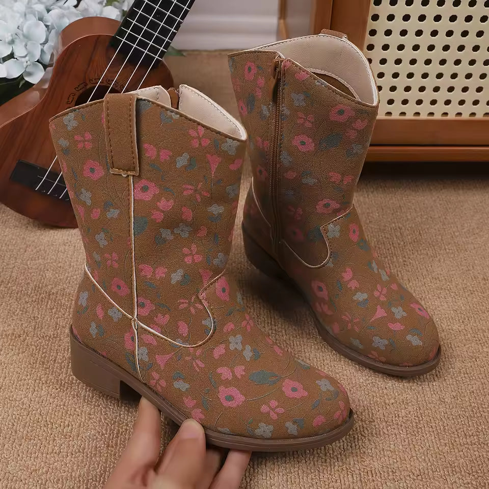 Girls' PU Leather Glitter Mid-Calf Round Toe Cowgirl Boots - CB071