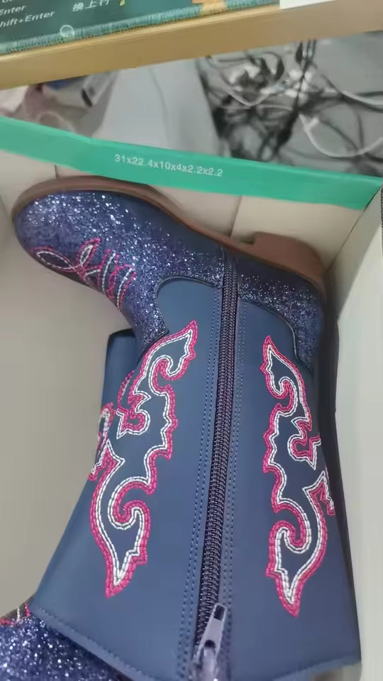 Girls' PU Leather Glitter Mid-Calf Round Toe Cowgirl Boots - CB071