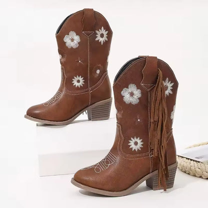 Girls' PU Leather Floral Embroidered Fringe Knee-High Pointed Toe Cowgirl Boots - CB086