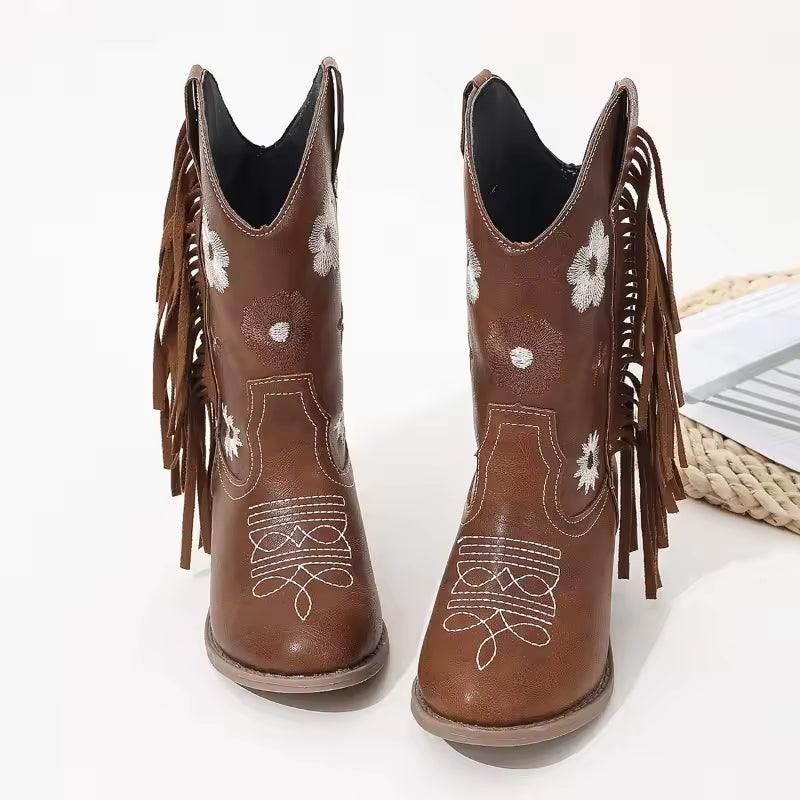 Girls' PU Leather Floral Embroidered Fringe Knee-High Pointed Toe Cowgirl Boots - CB086