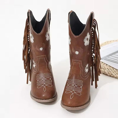 Girls' PU Leather Floral Embroidered Fringe Knee-High Pointed Toe Cowgirl Boots - CB086