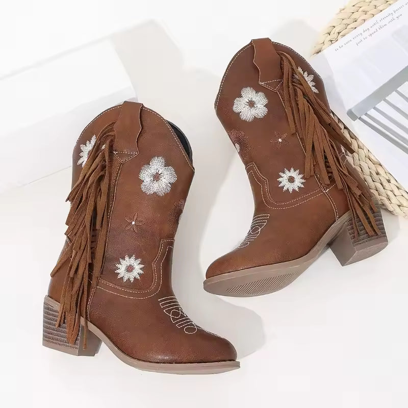 Girls' PU Leather Floral Embroidered Fringe Knee-High Pointed Toe Cowgirl Boots - CB086