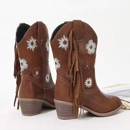 Girls' PU Leather Floral Embroidered Fringe Knee-High Pointed Toe Cowgirl Boots - CB086