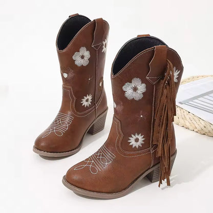 Girls' PU Leather Floral Embroidered Fringe Knee-High Pointed Toe Cowgirl Boots - CB086