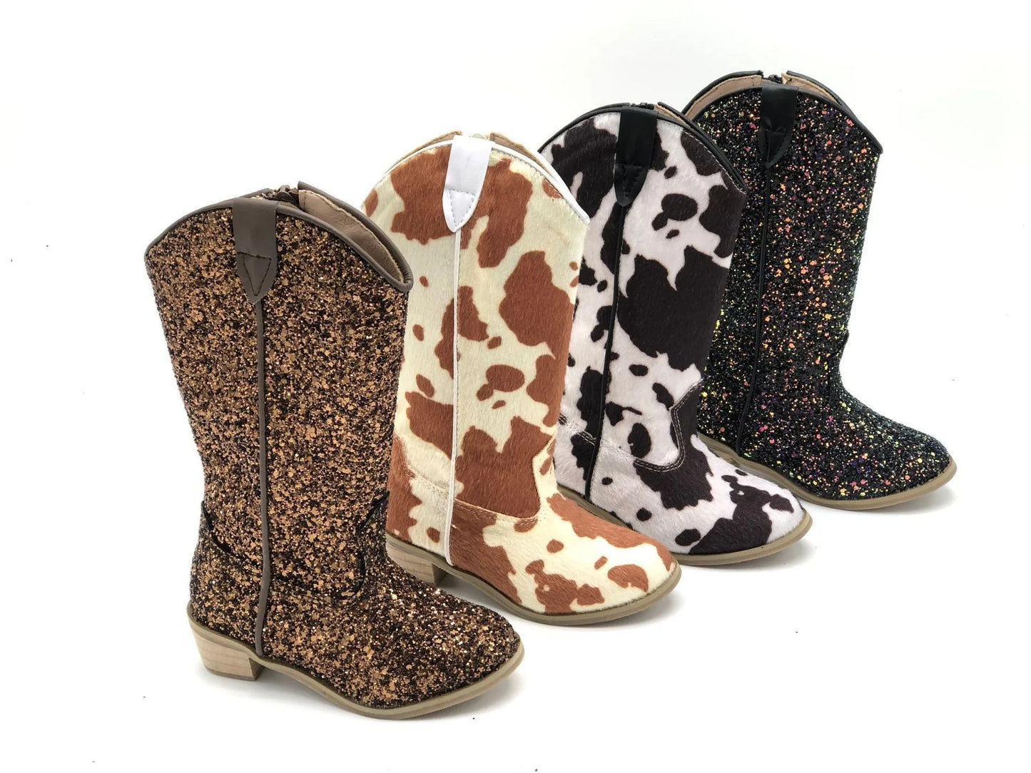 Girls' PU Leather Glitter Side-Zip Knee-High Round Toe Low Heel Cowgirl Boots - CB080