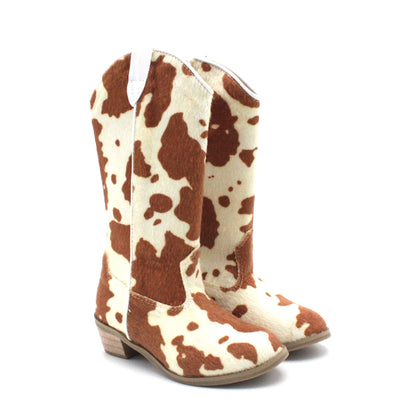 Girls' PU Leather Glitter Side-Zip Knee-High Round Toe Low Heel Cowgirl Boots - CB080