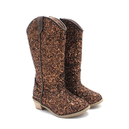 Girls' PU Leather Glitter Side-Zip Knee-High Round Toe Low Heel Cowgirl Boots - CB080