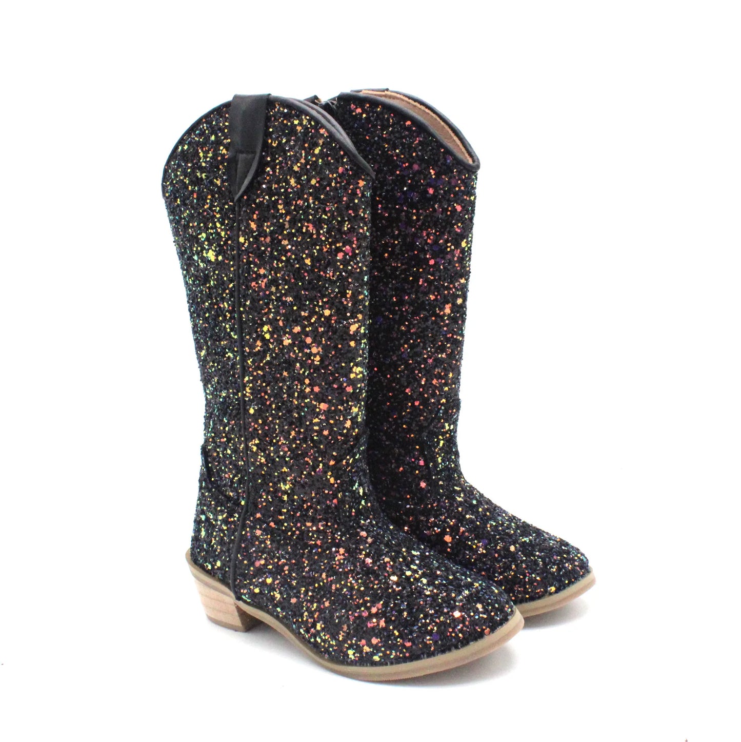 Girls' PU Leather Glitter Side-Zip Knee-High Round Toe Low Heel Cowgirl Boots - CB080