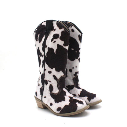 Girls' PU Leather Glitter Side-Zip Knee-High Round Toe Low Heel Cowgirl Boots - CB080