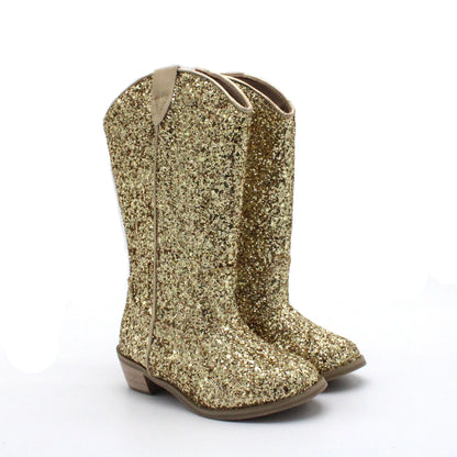 Girls' PU Leather Glitter Side-Zip Knee-High Round Toe Low Heel Cowgirl Boots - CB080