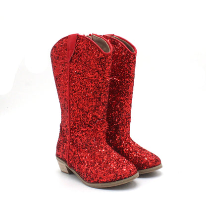 Girls' PU Leather Glitter Side-Zip Knee-High Round Toe Low Heel Cowgirl Boots - CB080