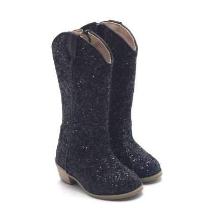 Girls' PU Leather Glitter Side-Zip Knee-High Round Toe Low Heel Cowgirl Boots - CB080