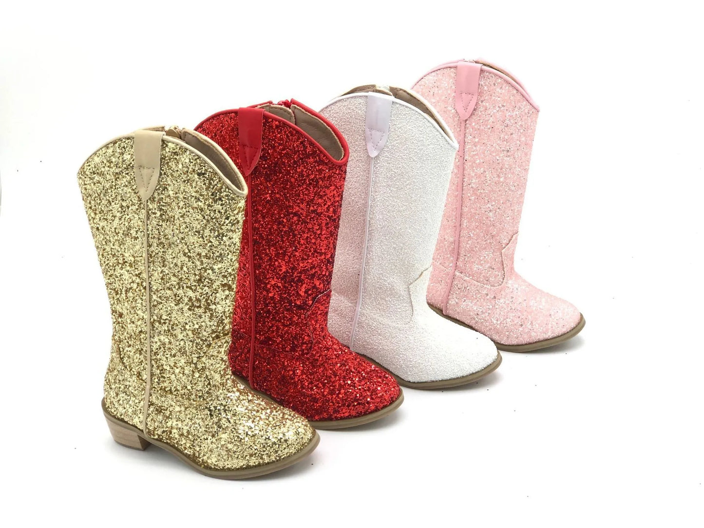 Girls' PU Leather Glitter Side-Zip Knee-High Round Toe Low Heel Cowgirl Boots - CB080