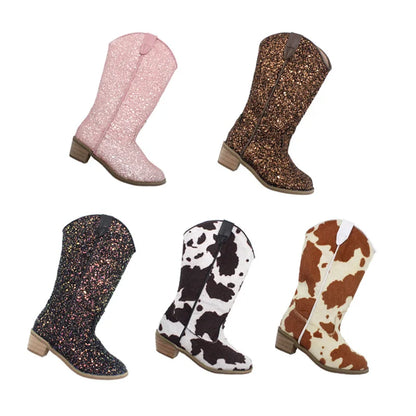 Girls' PU Leather Glitter Side-Zip Knee-High Round Toe Low Heel Cowgirl Boots - CB080