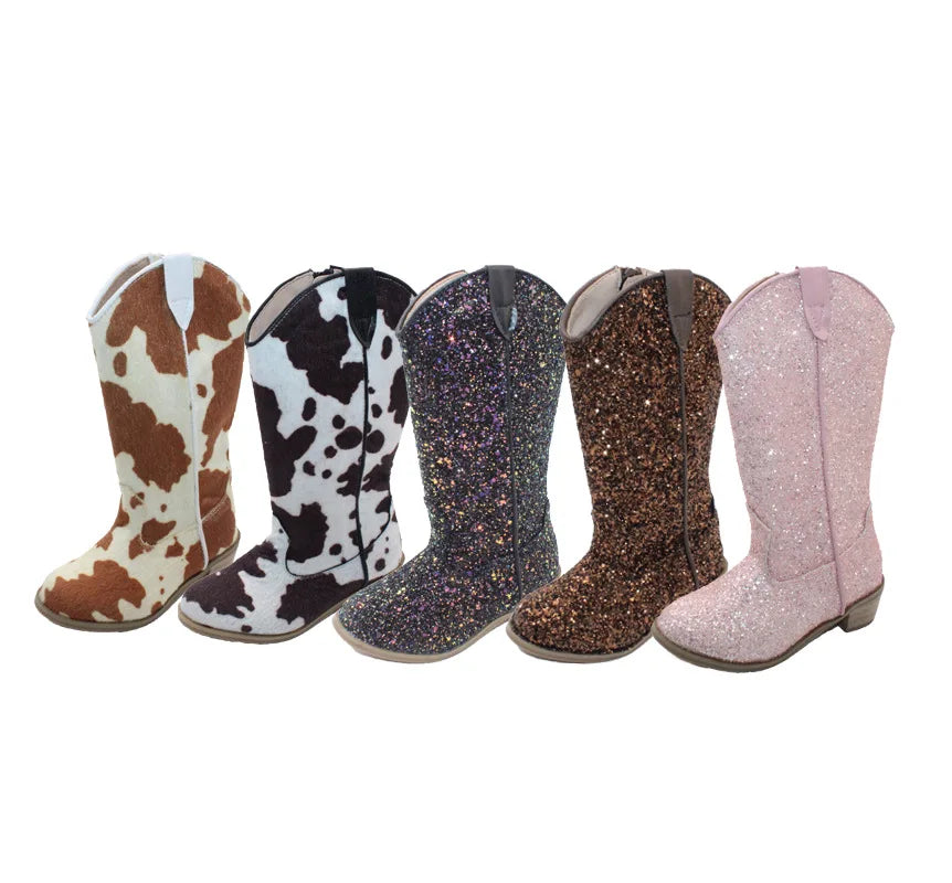 Girls' PU Leather Glitter Side-Zip Knee-High Round Toe Low Heel Cowgirl Boots - CB080