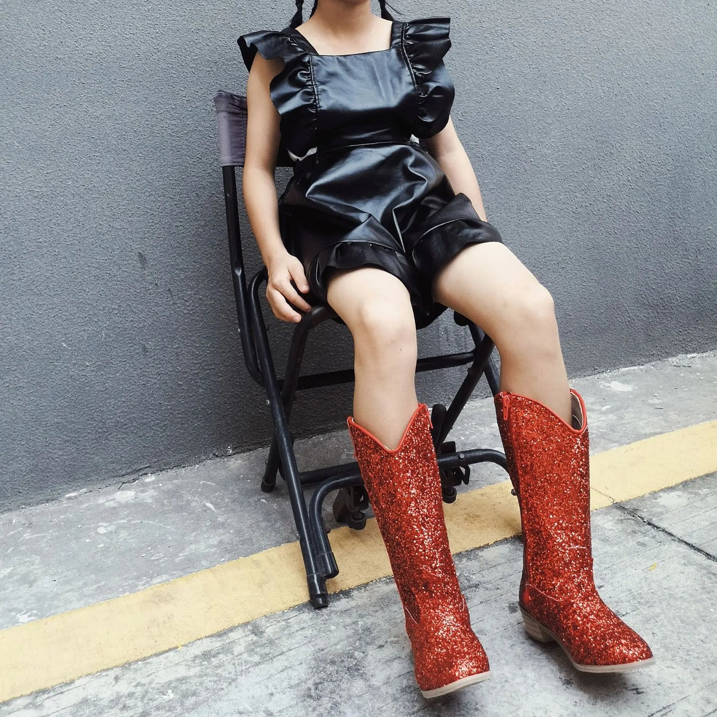 Girls' PU Leather Glitter Side-Zip Knee-High Round Toe Low Heel Cowgirl Boots - CB080