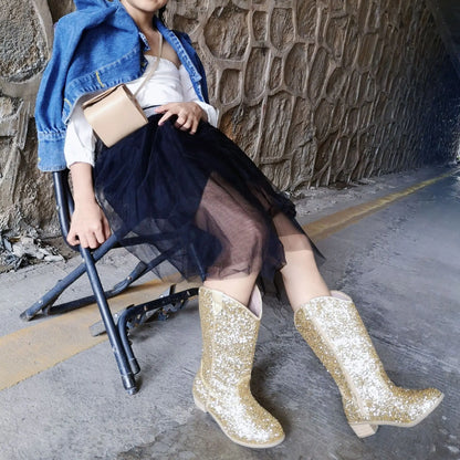 Girls' PU Leather Glitter Side-Zip Knee-High Round Toe Low Heel Cowgirl Boots - CB080