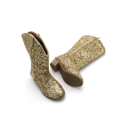 Girls' PU Leather Glitter Side-Zip Knee-High Round Toe Low Heel Cowgirl Boots - CB080