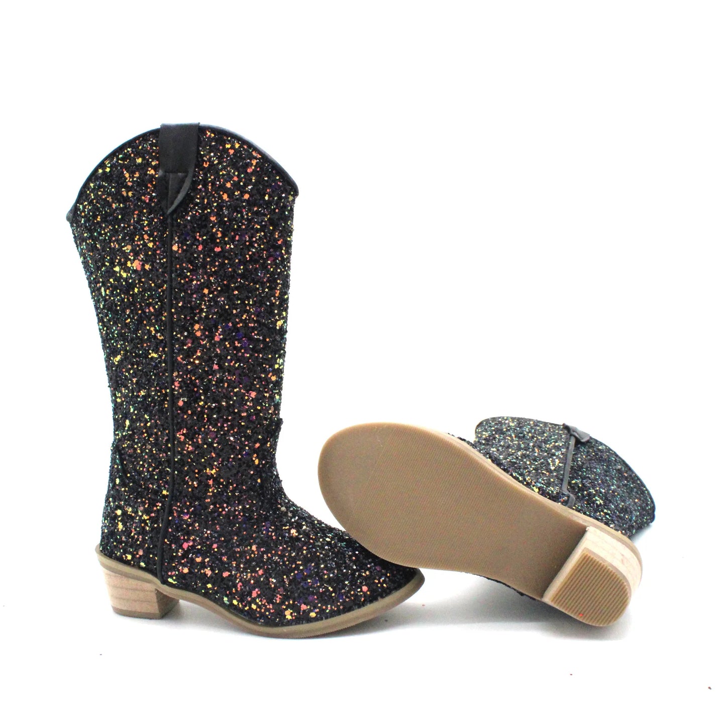Girls' PU Leather Glitter Side-Zip Knee-High Round Toe Low Heel Cowgirl Boots - CB080